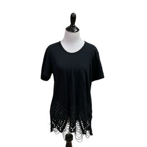 Pepin for Anthropologie Women's L Large T-Shirt Top Perforated Hem Short Sleeve